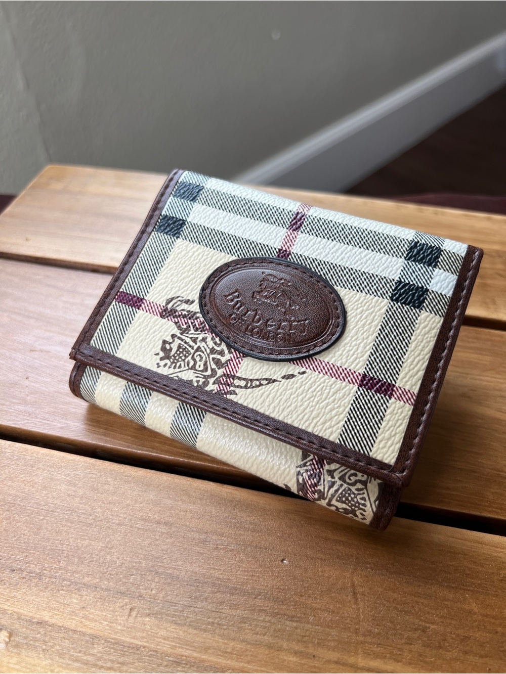 Burberry Beige Plaid Trifold Wallet with Brown Trim